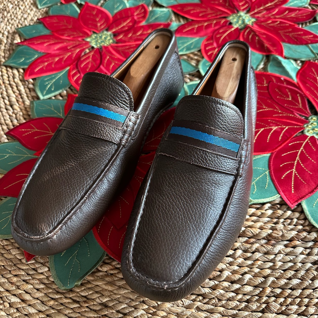 Bally Brown Leather Loafers With Blue Stripe